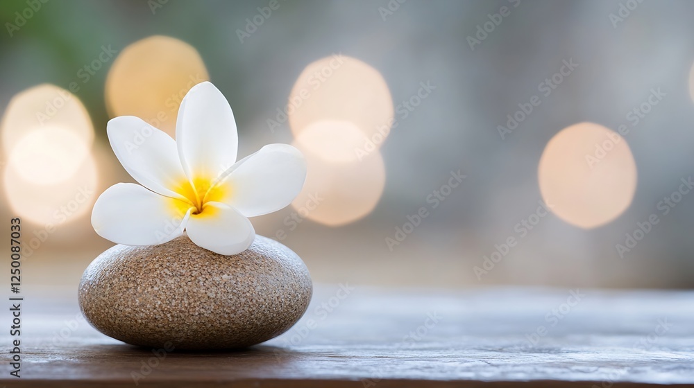 Poster beautiful white plumeria flower on smooth stone with soft bokeh background : generative ai
