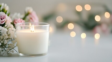 Tranquil Aromatherapy Candle Surrounded by Flowers for a Cozy Atmosphere : Generative AI