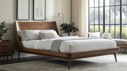 A modern American-style bed with soft linens and simple design, surrounded by an airy bedroom with large windows and plenty of open space.