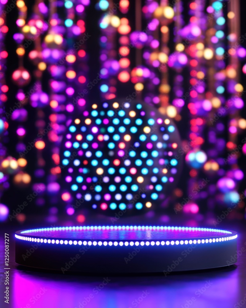 Poster lit circular platform with lights and blurred background lights