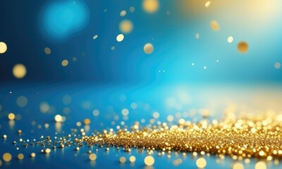 Naklejka premium Golden glitter particles floating against a vibrant blue background