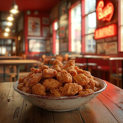 A bowl of golden fried chicken pieces sits on a wooden table in a restaurant