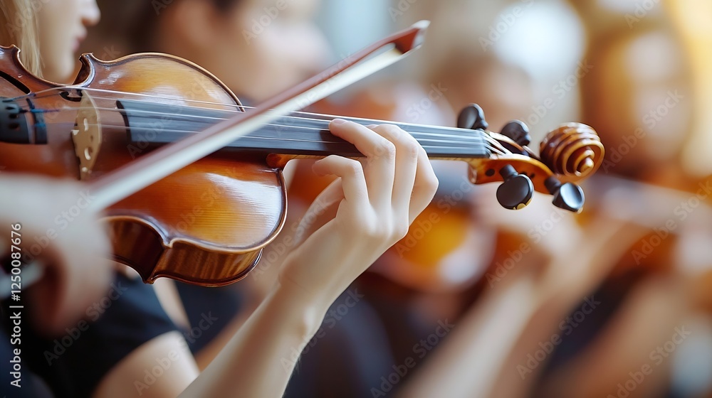 Poster close up of a hand holding a violin with musicians performing in the background : generative ai