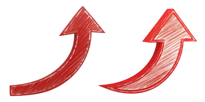 Hand-drawn red arrow curving up, unique directional art, Cut Out