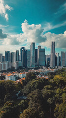 Obraz premium A wide angle shot of the Singapore skyline featuring modern buildings and lush trees under a bright blue sky