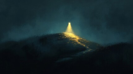 Fototapeta premium Golden light illuminates path up misty hilltop at night. AI Generated