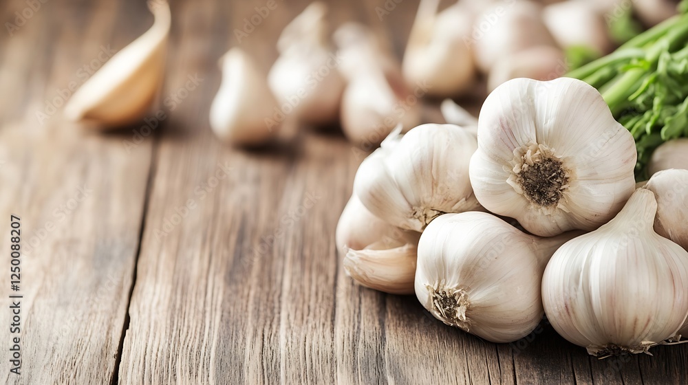 Poster fresh garlic bulbs and cloves displayed on rustic wooden table surface : generative ai