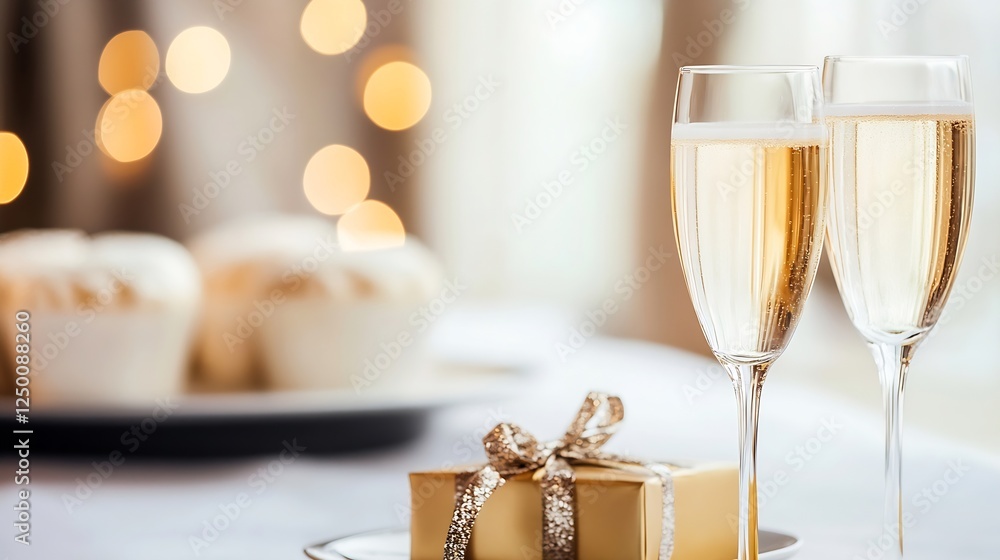 Poster elegant champagne flutes and gift box on table with bokeh lights in background : generative ai