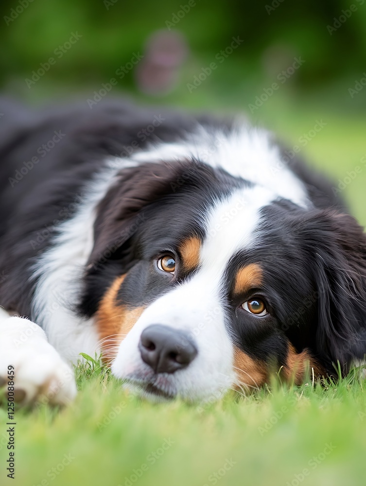 Poster loyal bernese mountain dog lying on green grass gazing with soft expression : generative ai