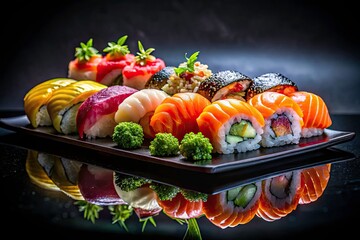 Elegant silhouette sushi platter: dark background highlights vibrant rolls and sashimi, showcasing Japanese culinary artistry.