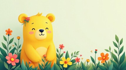 Fototapeta premium A cheerful yellow bear amidst a vibrant spring meadow, surrounded by blooming flowers and lush green foliage, offering a delightful springtime scene.