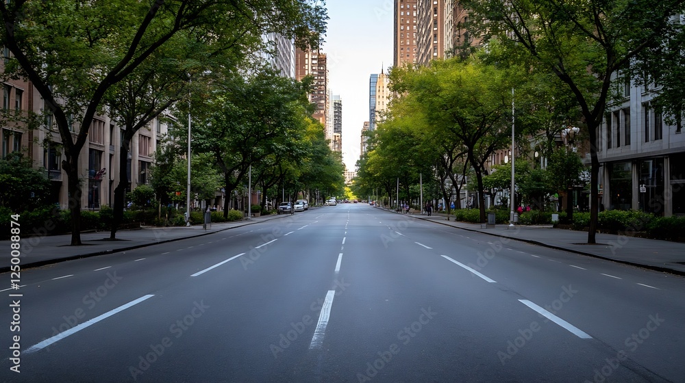 Poster empty road surrounded by green trees and tall buildings in city : generative ai