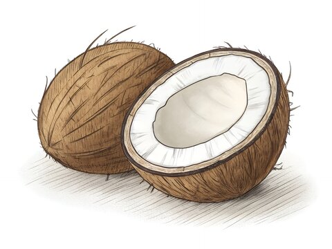 brown coconuts, one halved, on white background clip art preview