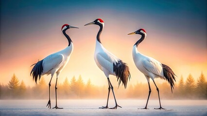 Obraz premium Elegant trio of minimalist oriental cranes; a simple, Asian symbol.