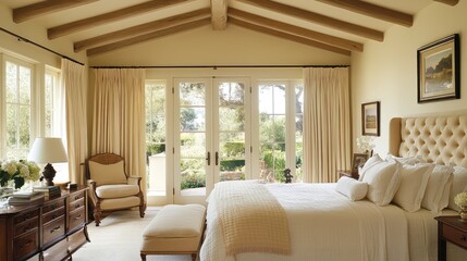 Obraz premium A serene American bed with neutral-toned linens, a simple headboard, and a light-filled room with soft colors and ample open space.