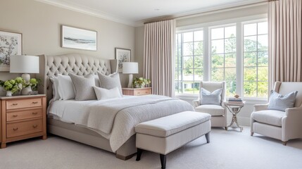 A serene American bed with neutral-toned linens, a simple headboard, and a light-filled room with soft colors and ample open space.