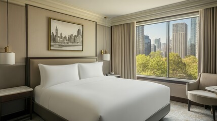 A serene American bed with plush bedding, soft pillows, and a clean design, surrounded by a spacious room filled with natural light.