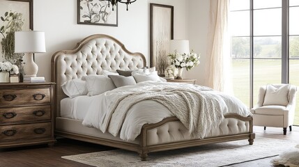 A serene European-style bed with a soft upholstered headboard and clean, neutral-toned bedding, surrounded by natural light and airy decor.