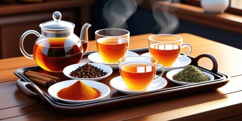 Aromatic tea set with spices and herbs on wooden tray in sunlight