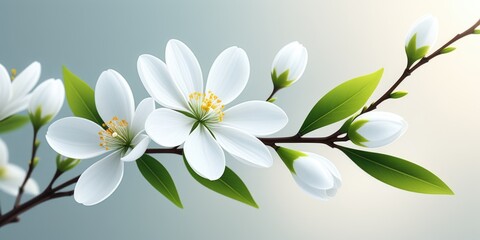 Obraz premium Serene white blossoms on a branch with soft green leaves in gentle sunlight