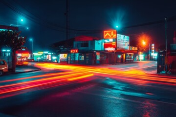 Neon-lit urban street reflecting rain at night. AI image