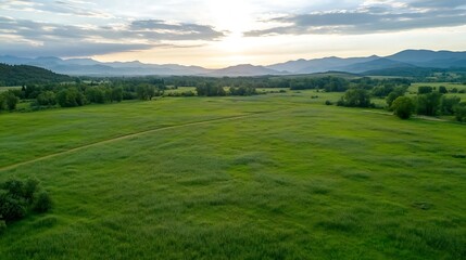 Expansive Green Meadow Landscape Under a Dramatic Sky at Dusk : Generative AI