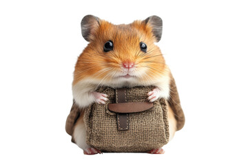 A cute hamster with a small burlap bag, showcasing its adorable features. Perfect for illustrating themes of cuteness and companionship.