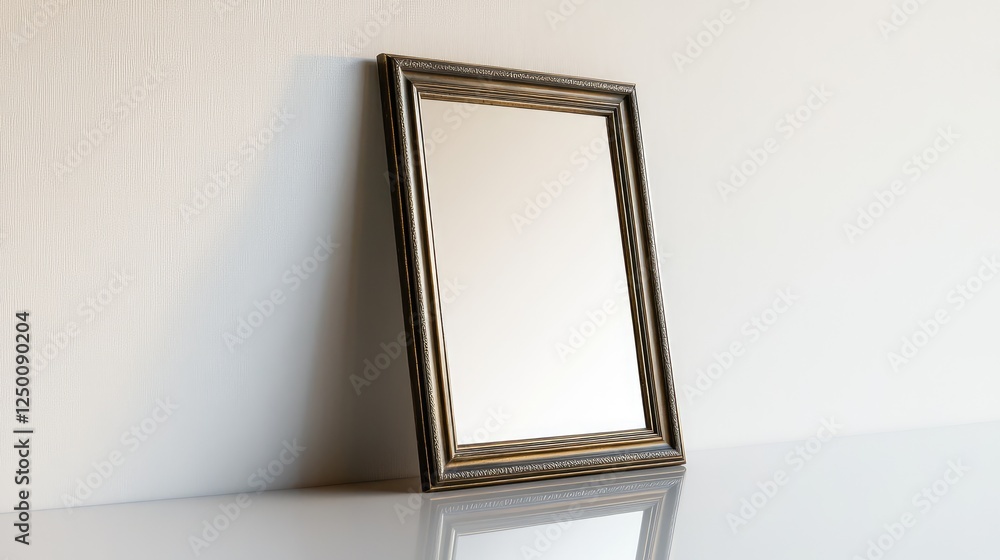 Poster a single elegant frame casting a soft reflection on a glossy white table, modern sophistication with