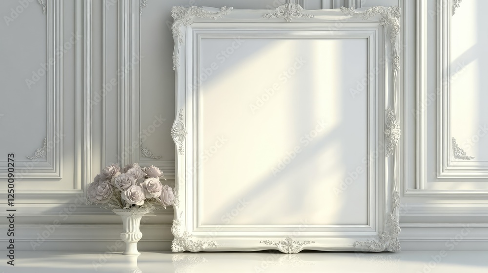 Poster a single elegant frame casting a soft reflection on a glossy white table, modern sophistication with