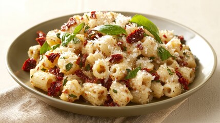 A delicious pasta dish featuring sun-dried tomatoes, fresh basil, and a sprinkle of cheese, served on a neutral-colored plate.