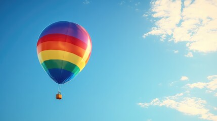Obraz premium A single rainbow balloon drifting in an endless blue sky, minimalist composition with plenty of copy space for creative use.