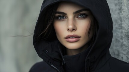 A fashion model showcasing a sleek black hooded jacket.