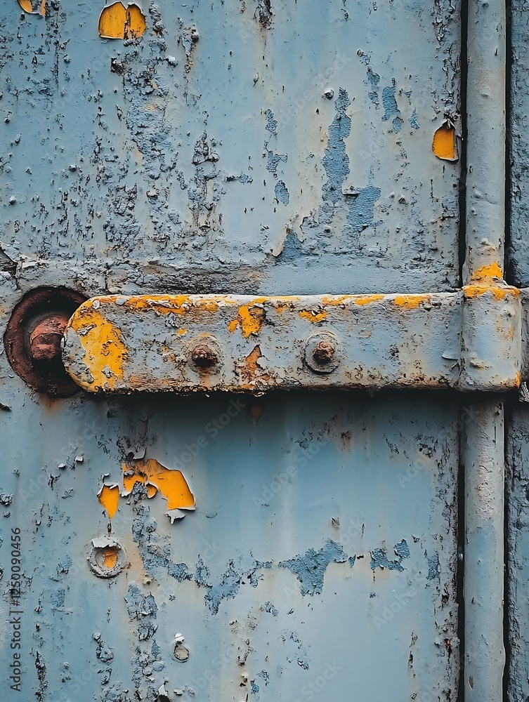 Poster close up view of an old distressed blue metal door with rusty paint and weathered textures : generat