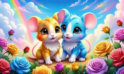 Colorful cartoon mice with rose garden and rainbow in fantasy sky scene