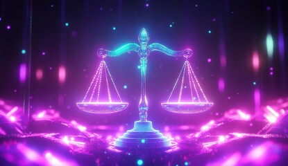 Scales of Justice: Neon Glow, Symbol of Balance, Legal Concept, Abstract Artwork,  Digital Art, Futuristic Design, Glowing Scales, Equilibrium,  Law and Order,  Bright Lights,  Justice Theme.