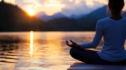 Serenity of meditation by the lake during sunset capturing the peaceful connection to nature and mindfulness : Generative AI