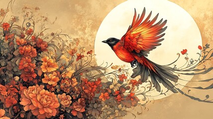 Fiery bird gracefully soars above autumnal blooms bathed in soft golden light. AI Generated