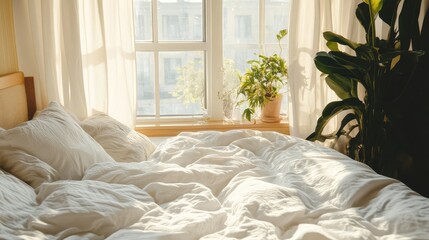 A spacious European-style bed with plush linens, a neutral-colored headboard, and plenty of natural light coming through large windows.