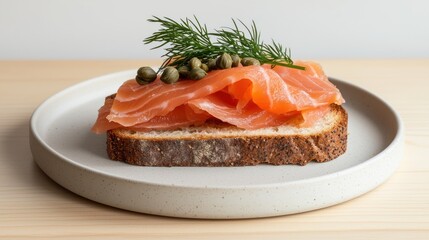 A slice of brown bread topped with smoked salmon, capers, and fresh dill, presented on a simple, round plate.