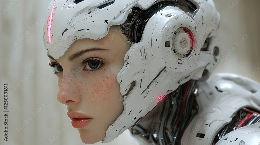 Aufkleber a futuristic humanoid robot with intricate design and expressive features.