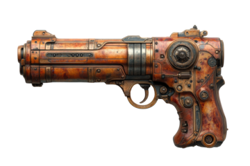 A detailed close-up of a vintage steampunk pistol, showcasing intricate engravings and a unique rusted finish, perfect for historical or futuristic themes.