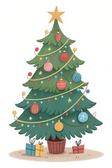 Festive Christmas Tree Illustration Decorated Fir Ornaments Gifts