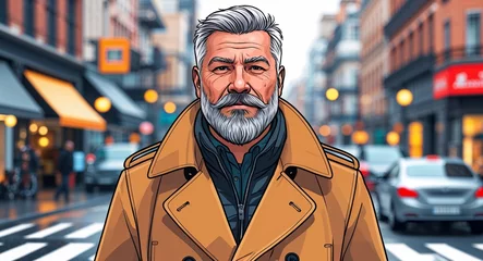 Poster A middle aged man confident with a goatee wearing a winter trench coat on a city street in a simple hand drawing flat line design