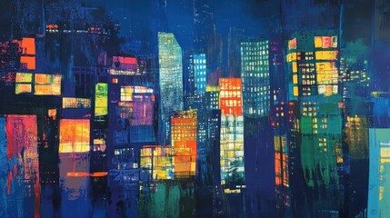 A vibrant cityscape at night, showcasing illuminated buildings against a deep blue background.