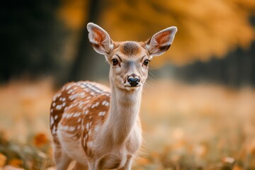 Fototapeta premium Young deer in sunlit forest clearing. AI generated