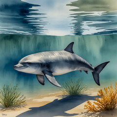 Fototapeta premium watercolor scene of a vaquita gently swimming through the crystal-clear waters of the Gulf of California