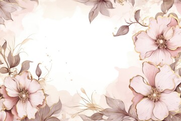 Romantic floral frame with pink watercolor flowers and leaves on blush background with copy space. Wedding design for Valentine day, Mother day, Women day invitation