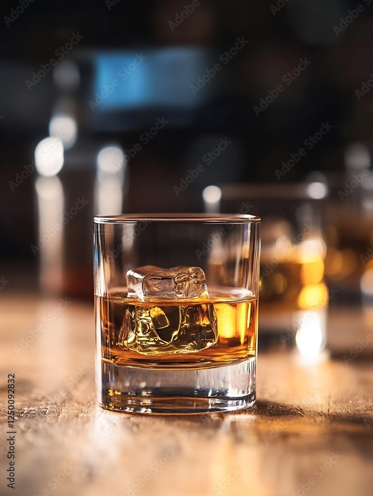Poster Glass of whiskey with ice cube on wooden table in ambient light : Generative AI
