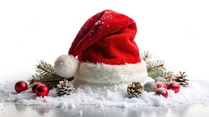 Obraz premium A festive red Santa hat sits atop a pile of snowy winter items on a transparent background, winter accessories, merry