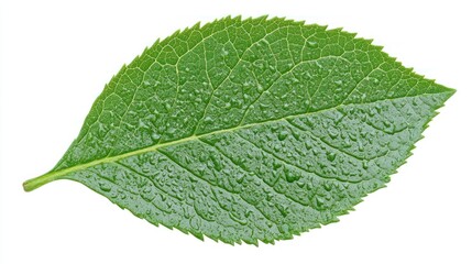 Dew-covered leaf, isolated, white background, nature design